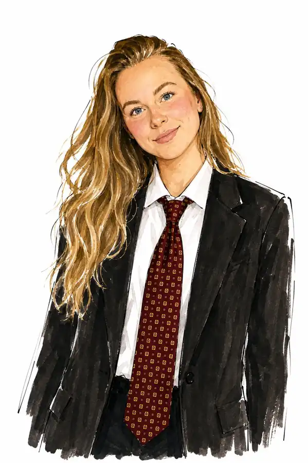 Illustratie van Femke Hollander in zwart pak, wit overhemd en rode stropdas