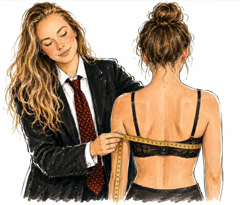 Illustratie: Femke meet de onderborstomtrek van een klant op met een meetlint